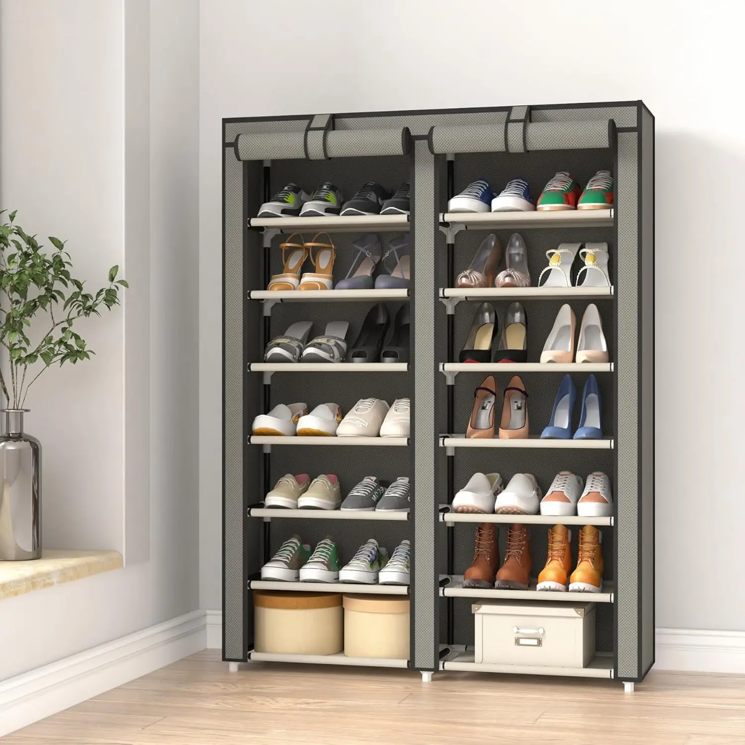 7-Tier Double Row Shoe Rack with Large Capacity, Holds 28 Pairs, Dustproof Cover, Easy Assembly for Home Storage