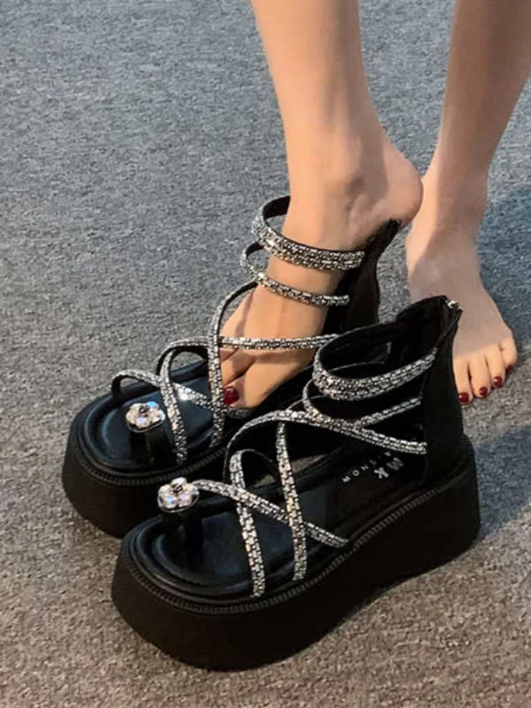 Sandálias Gladiadoras Femininas 2026: Novas Sandálias Plataforma com Strass, Estilo Retrô Romano para Mulheres Baixinhas 3