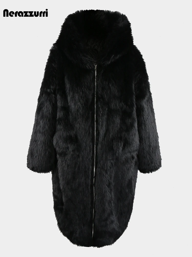 

Nerazzurri Winter Long Oversized Thick Warm Soft Fluffy Faux Fox Fur Coat Women with Hood Zipper Loose Casual Korean Fashion