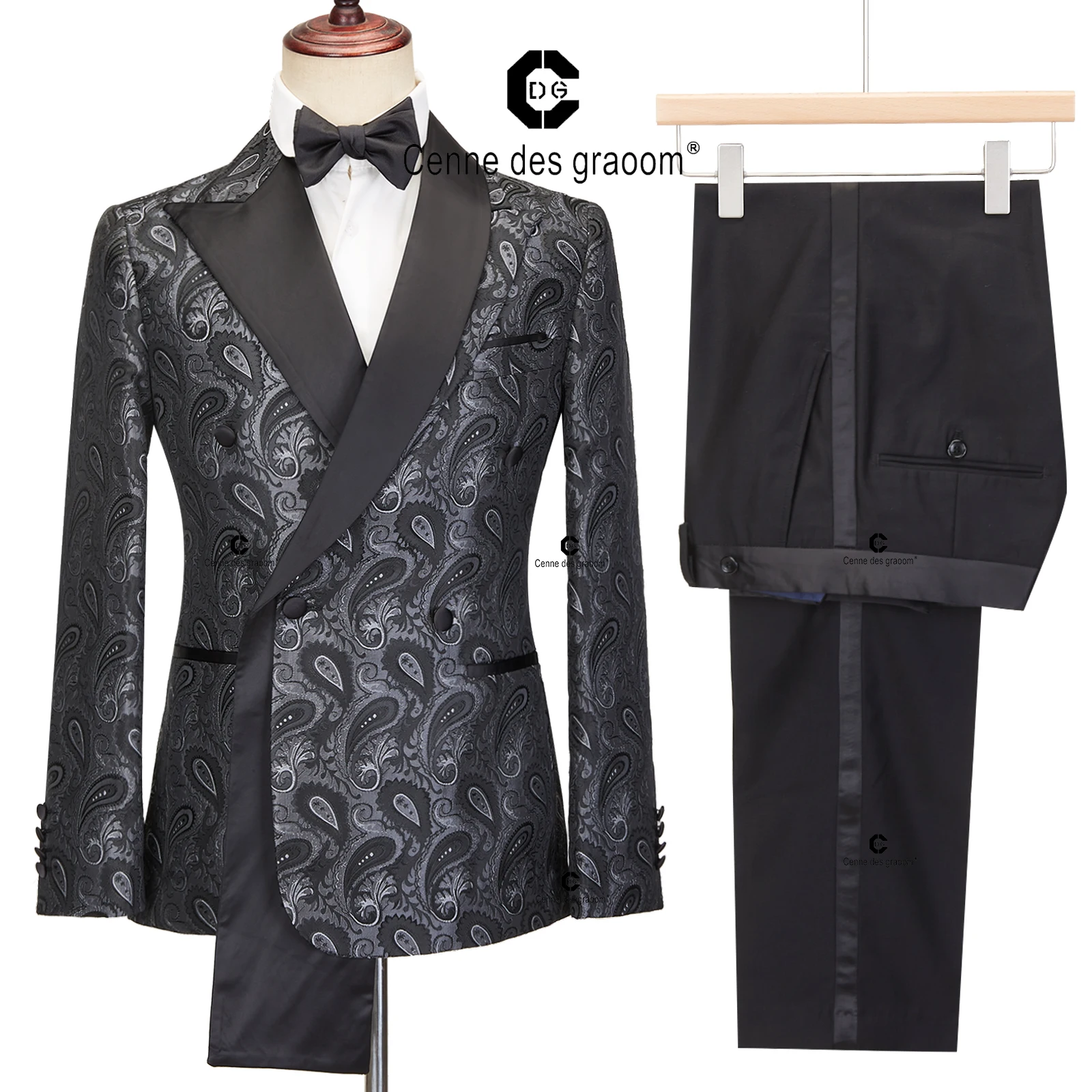 Cenne Des Graoom 2024 New Double-breasted Tuxedo Suits for Men Floral Paisley Jacquard Blazers Pants Wedding Party Wear Prom ﻿ 3