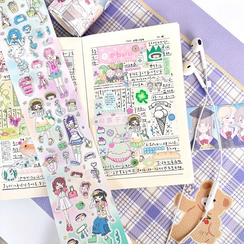 Ins Cute Girl Sticker Roll Decoration Tape Planner Handbook Scrapbook Collage Material Tape School Stationery 3