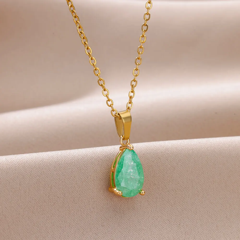 Zircon Teardrop Necklace Gold Plated Stainless Steel For Women Wedding