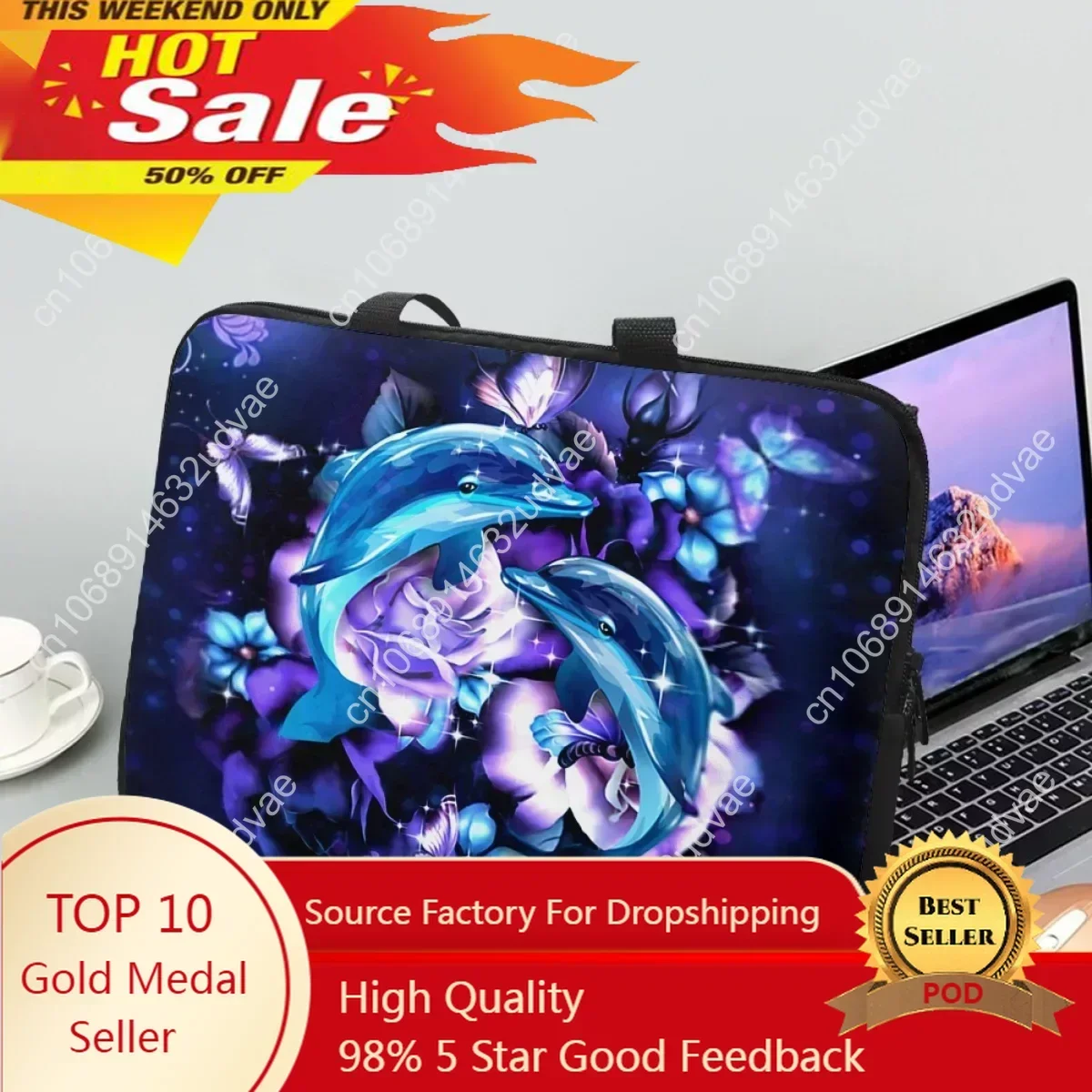 

Dolphin Purple Rose Print Laptop Bag Case Cover With Handle Universal Fashion Travel Portable Shoulder Handbag Briefcase 2023