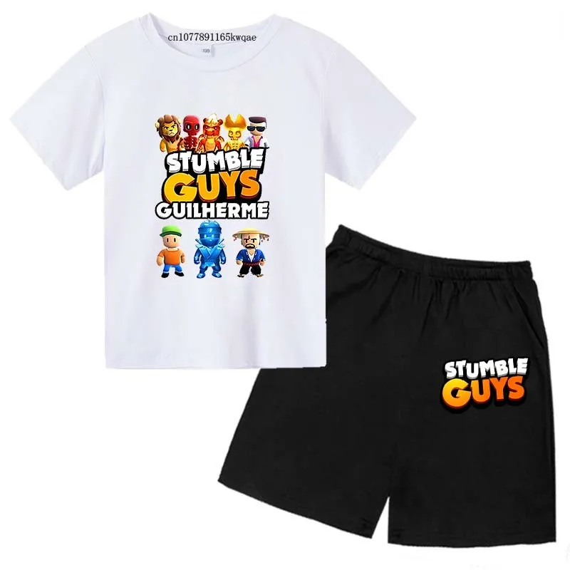 

Kids Funny Game Print Stumble Summer 2pcs Guys Short Sleeve T-shirts+Pants Suits 3-13 Years Boys Girls Outfits Children Clothes