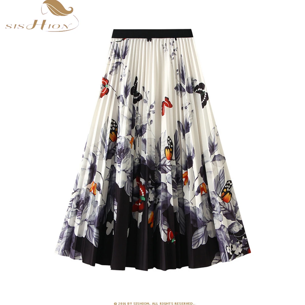 

2023 Casual Spring Summer Women Elastic Waist Butterfly Printed Pleated Skirt Elegant Vintage Midi A-line Skirt SR1237
