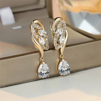 Cute Female White Zircon Stone Earrings Luxury Gold Color Wedding Jewelry For Women