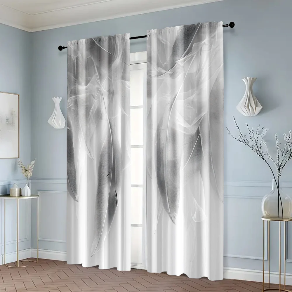 2pcs, Creative Curtains 2D print Gray & White Feather Print Polyester (without rod) Decorations For Home Perfect for Living 6