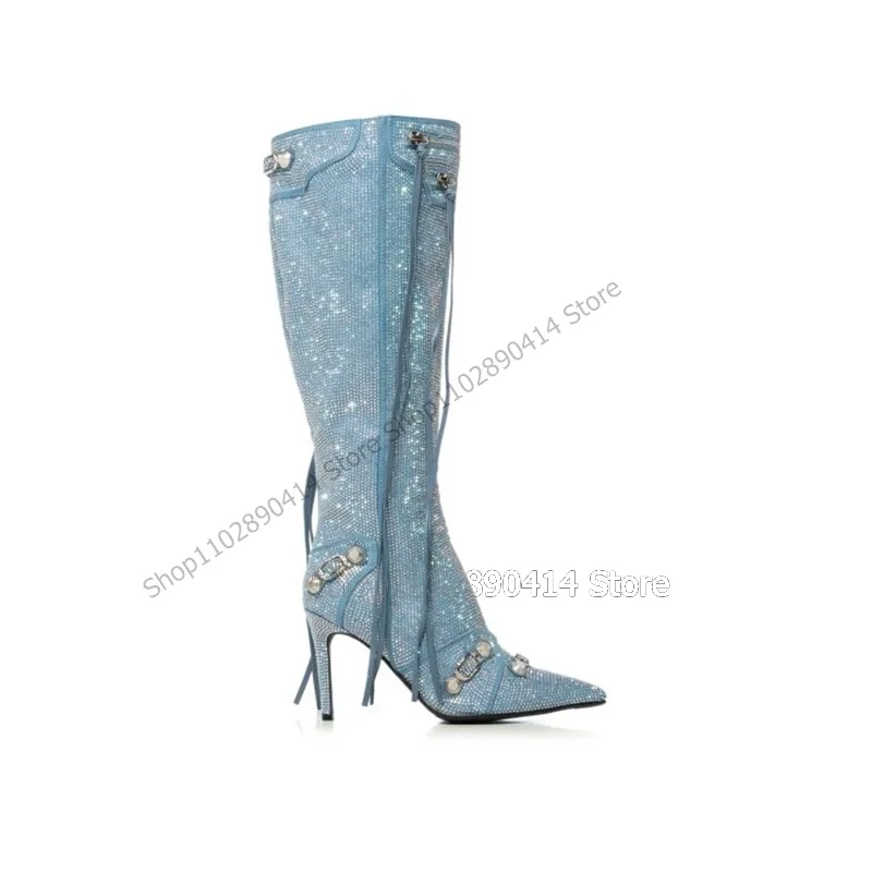 

Metal Buckle Tassels Decor Blue Pointed Toe Boots Side Zipper Women Shoes Thin High Heels Fashion Sexy 2023 Zapatos Para Mujere