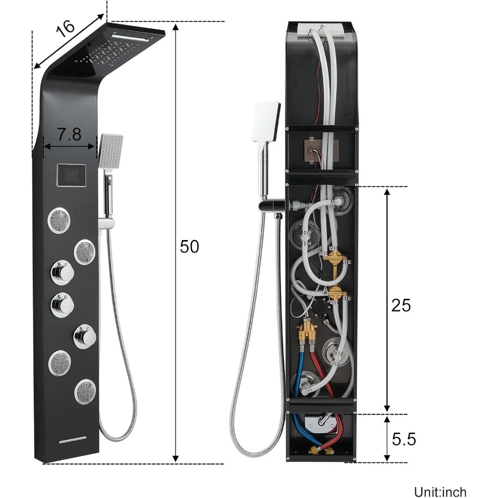 ROVATE 6-in-1 LED Rainfall Waterfall Shower Panel Tower System with 2-Mode Powerful Body Jets, Multi-function Stainless Steel