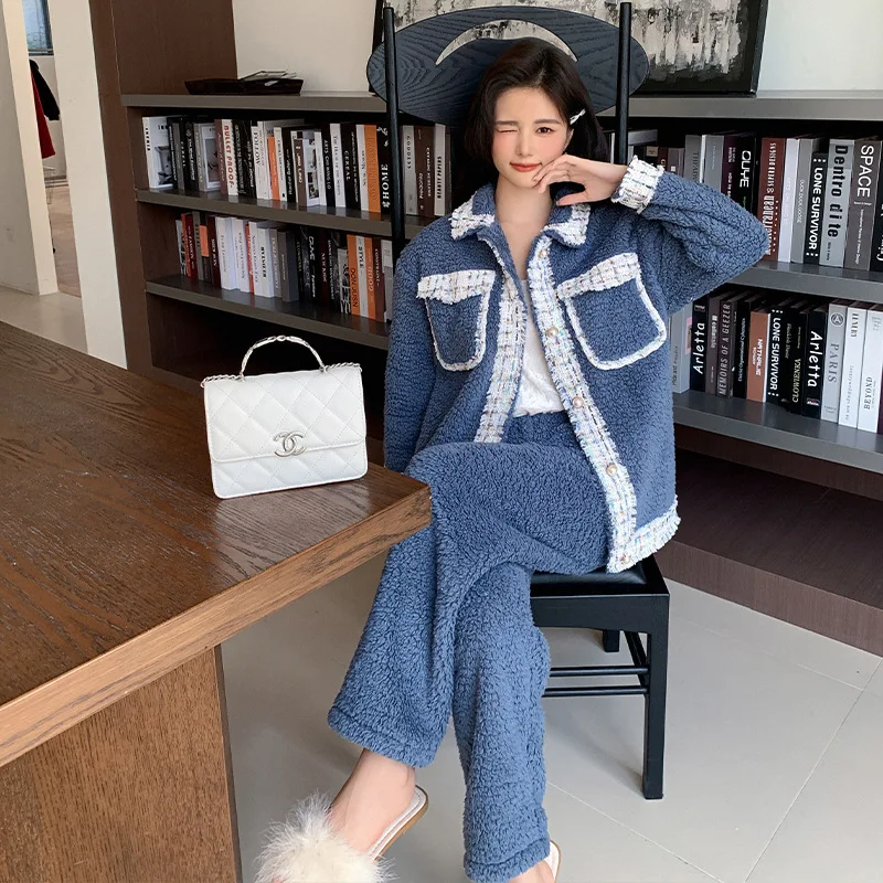 New Sleepwear Women's Autumn/Winter Coral Plush Top and Bottom Long sleeved Pants Set with Flip Collar Loose Warm Coat