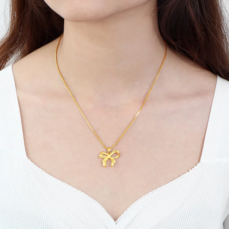 Pure gold new gold jewelry fashion bow pendant gold 24k necklace jewelry accessories