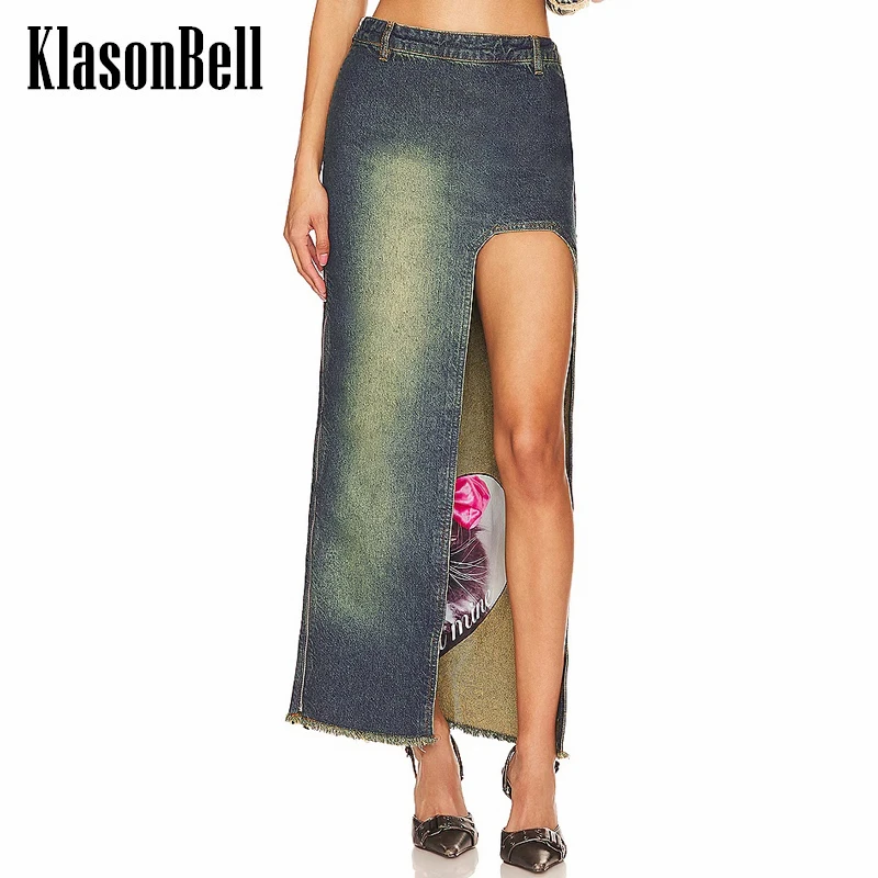 

4.2 KlasonBell Vintage Fashion Sexy High Split Maxi Skirt Women's Lining Letter Cats Pattern Denim A-Line Skirt