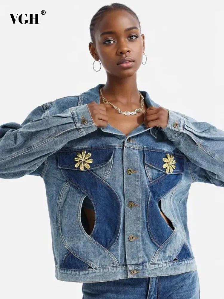 

VGH hit color crisscross hollow out casual denim jackets For Women Lapel Long Sleeve patchwork floral streetwear jacket female