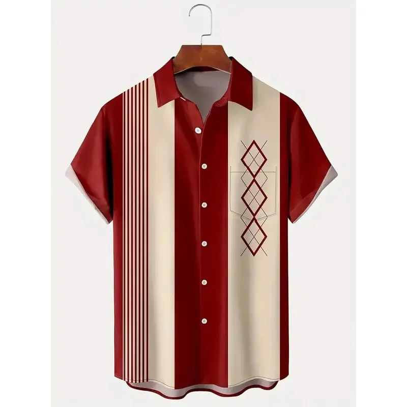 Summer New Trendy Hawaiian Fashion Shirt with Retro Bowling Ball Geometric Print Men's Shirt with Pocket Button Large Cloth