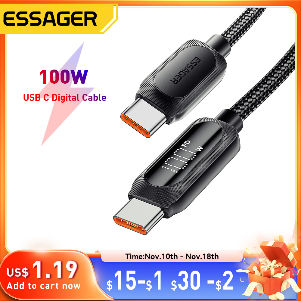 Essager USB Type C To USB C Cable 100W 5A PD Fast Charging  Wire Cord For Macbook Xiaomi Samsung Type-C Digital Display Cable 3ï¼­
