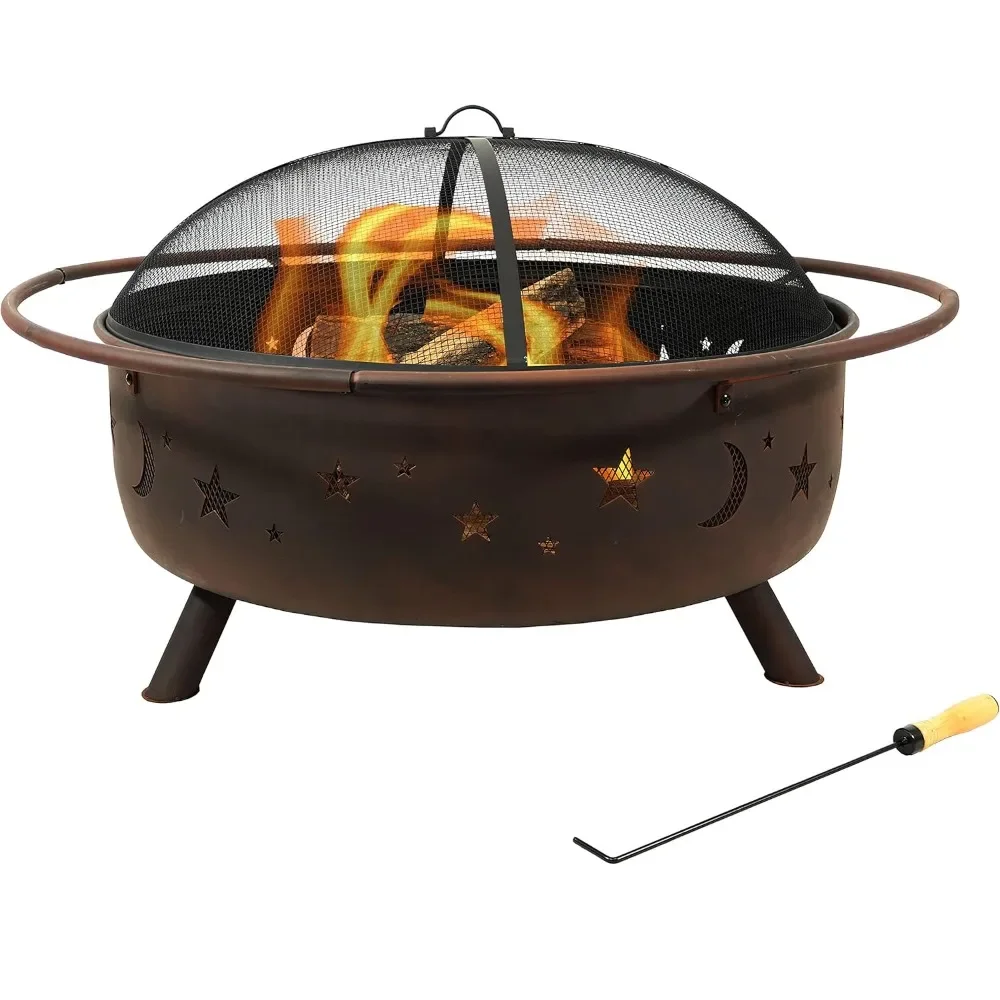 42" wood-fired steel fire pit with round spark screen, poker and built-in grille-rust patina
