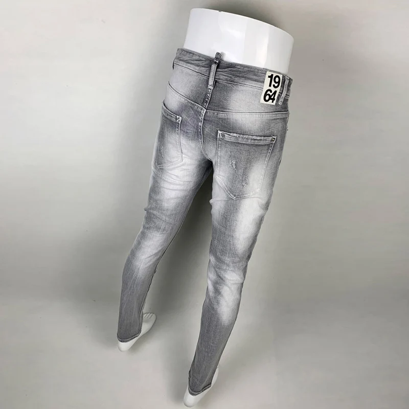 Street Fashion Men Jeans High Quality Retro Gray Stretch Skinny Fit Hole Ripped Jeans Men Patched Designer Hip Hop Brand Pants