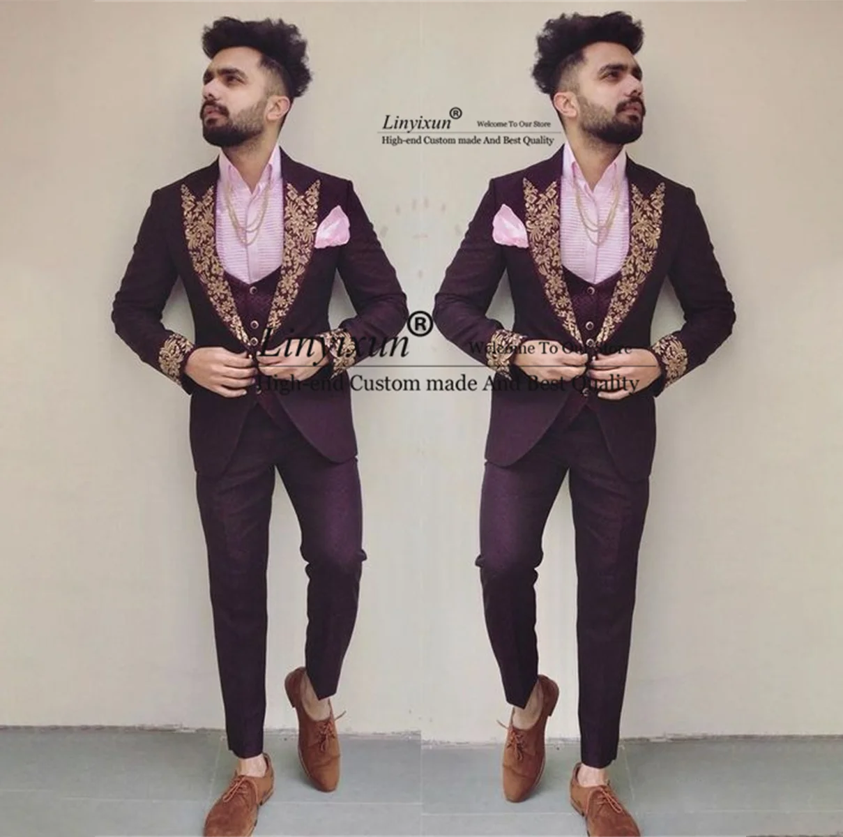 

Красивые мужские костюмы с черной и золотой аппликацией, комплект из 3 предметов, Женский облегающий деловой костюм для мужчин, блейзер и брюки, наряд