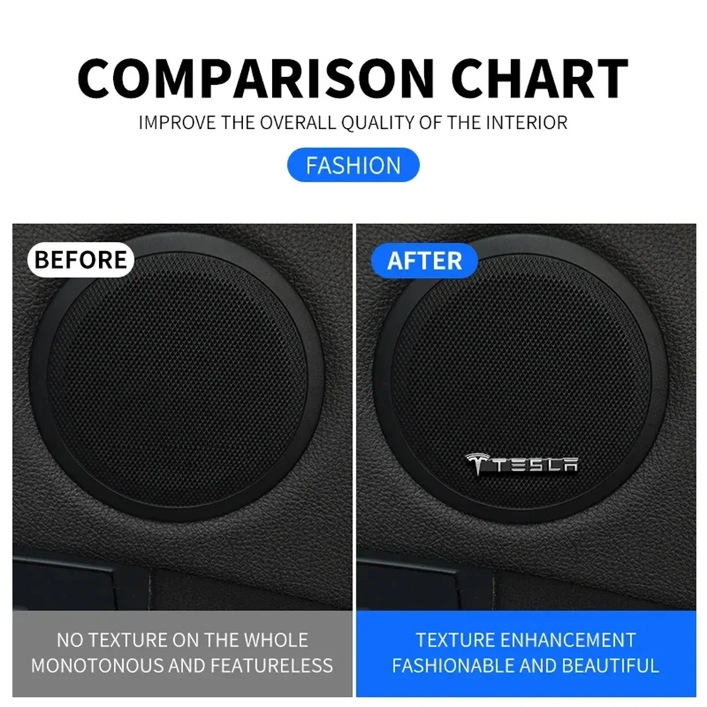 4개 테슬라 자동차 오디오 스피커 스티커 메탈릭 T 로고 엠블럼 데칼 (모든 테슬라 모델용) 실내 장식 무잔류 접착제
