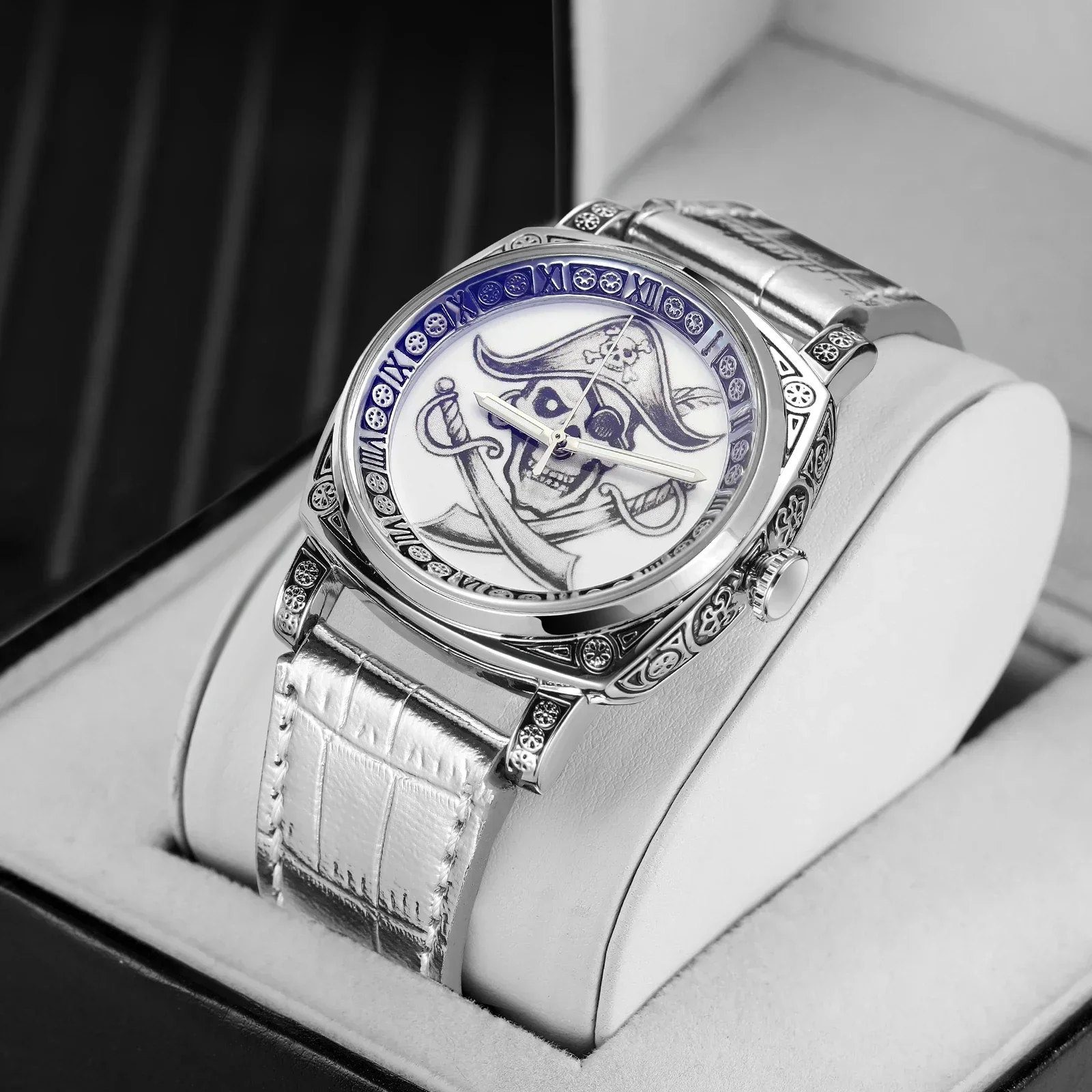 NEW Forsining Top Brand Mechanical Male Wristwatch Square Engraved Vintage Pirate Leather Strap Luminous Hands Men Watch 6