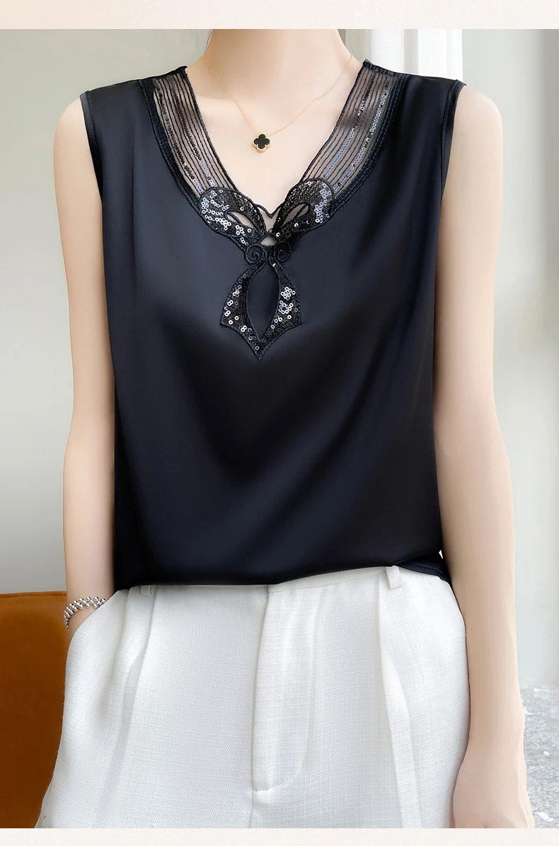 Lace Sleeveless Loose Vest V-Neck Pullover with Suspended Top Women's Summer Satin Temperament Lace Bottom Shirt Korean Editions