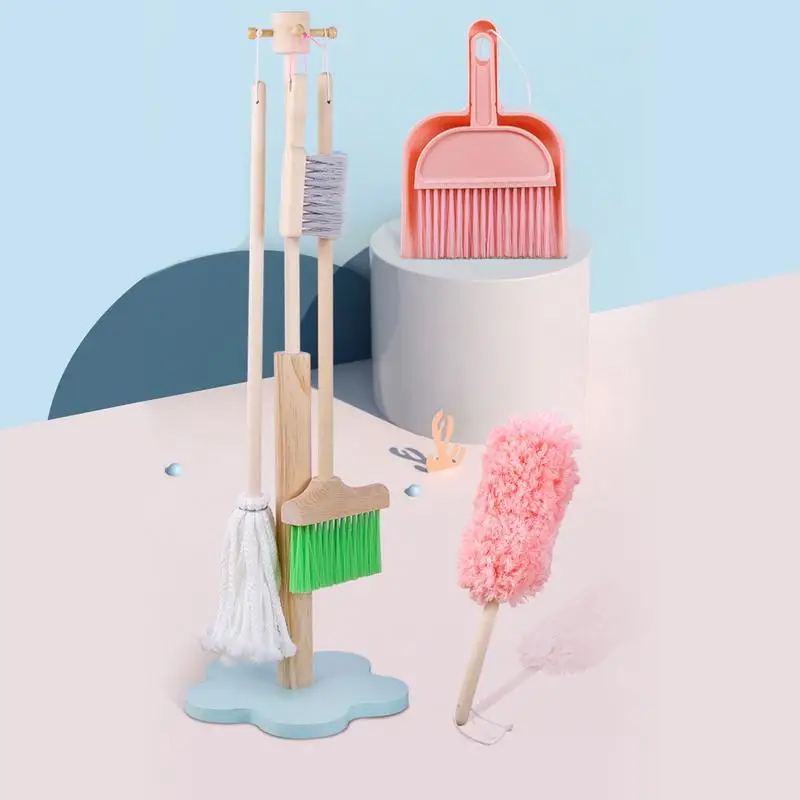 Wooden Cleaning Toys Set Detachable Cleaning Tool Includes Broom Mop Wooden Detachable Housekeeping Broom Dustpan Duster Brush 2