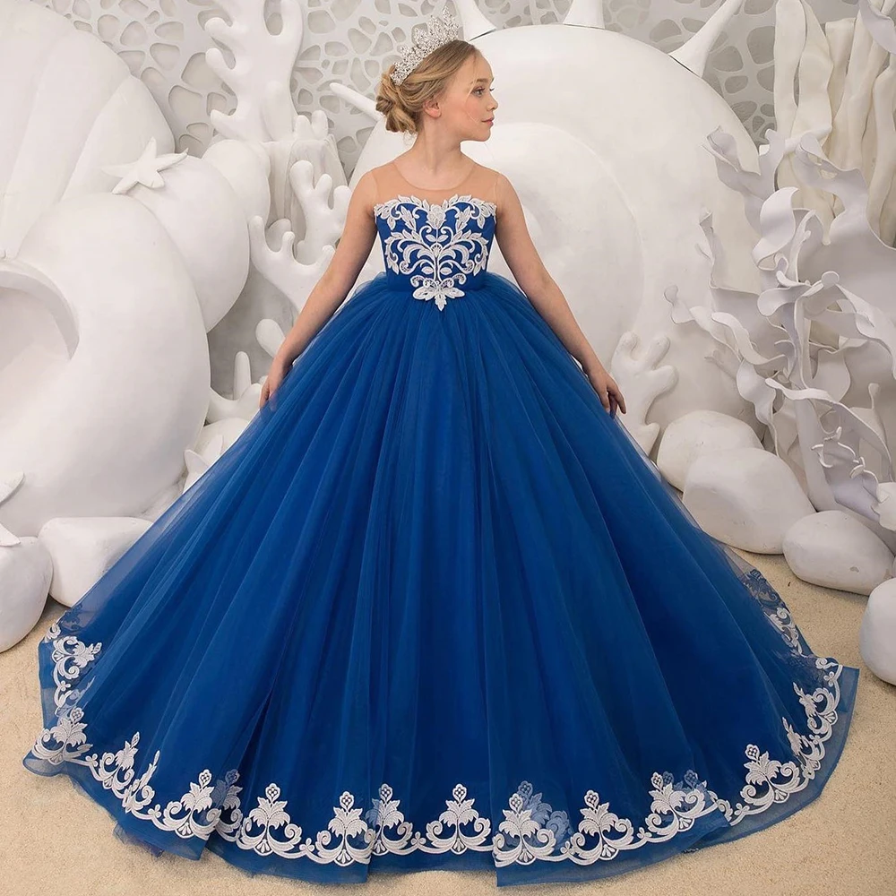 

Elegant Royal Blue Prom Dresses for Kids Ball Gown Flower Girl Dress Children Lace Christmas Party Gown