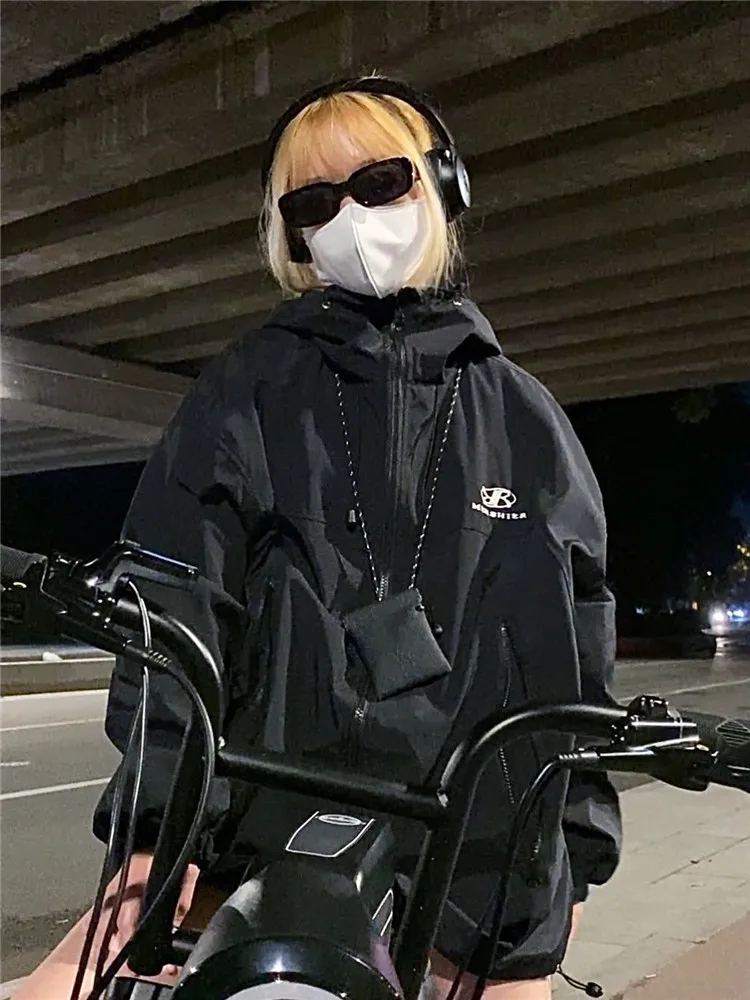 

Cycling Clothes Women Jacket Hip Hop Hooded Coat Unisex Dark Pizex Coat Women's Autumn 2022 New Zipper Stand Collar Windbreaker
