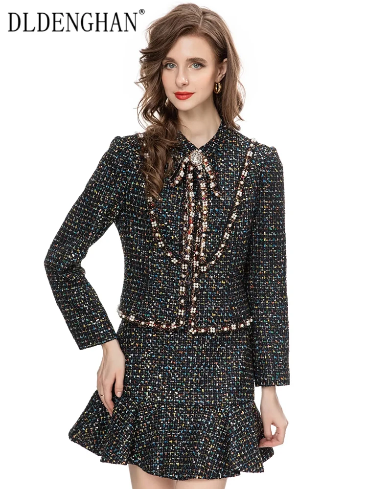 

DLDENGHAN Fashion Designer Autumn Sequins Plaid Tweed Set Women Beading Long Sleeve Jacket + Mermaid Skirt Vintage 2 Pieces Set