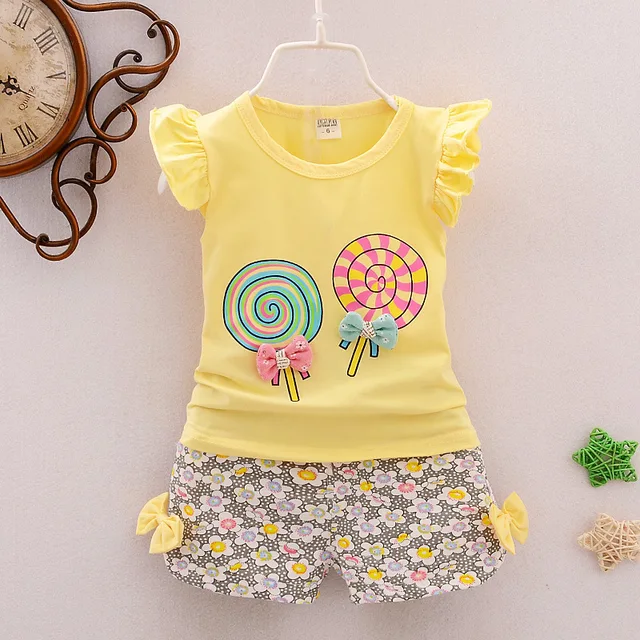 Summer Cute Cartoon 2PCS Kids Baby Girls Floral T-shirt Top Shorts Pants Set Clothes Girls Clothing Sets BangBangTang-yellow