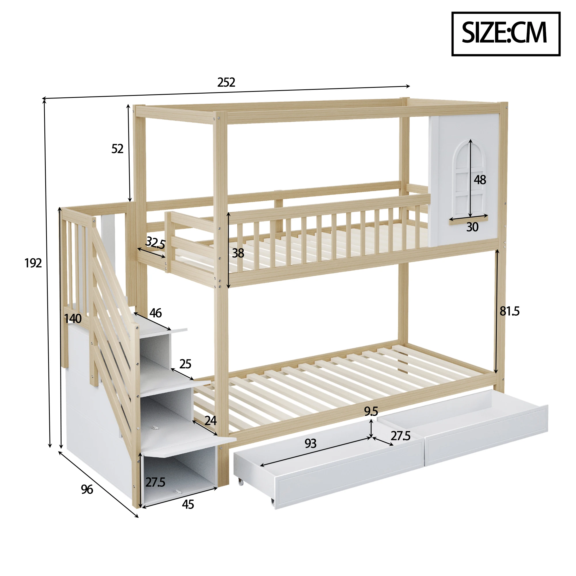 Etagenbett für Kinder, Massivholz-Doppelbett, Hausform mit Fenstern, Sicherheitszaun-Design, mit Aufbewahrungsschubladen und Sicherheitsleiter – Detail 10