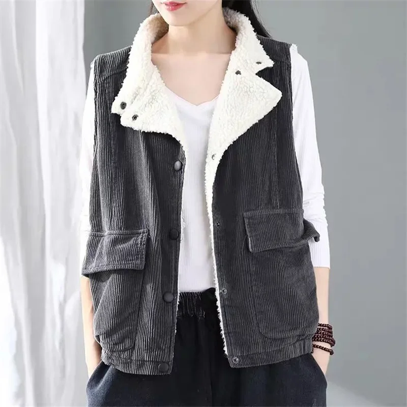 

Retro Corduroy Waistcoat Women Jacket Plus Velvet Thick Lamb Wool Sleeveless Coat Ladies 2023 Autumn Winter New Female Vest Tops