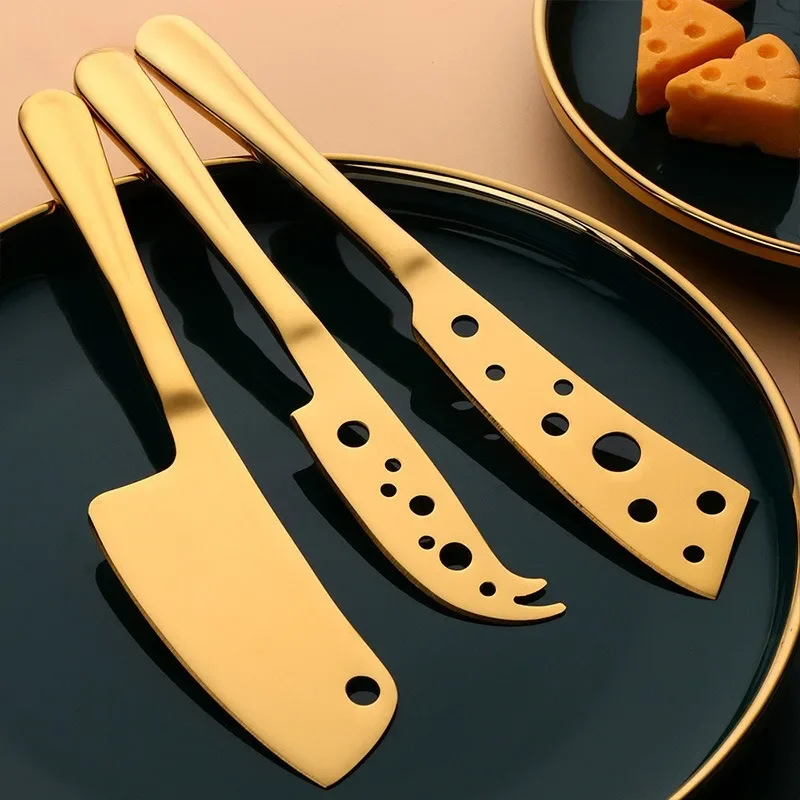 Cheese Knife 3 Piece Set Stainless Steel Cheese Knife Butter Spatula Pizza Creative with Holes Baking Tools