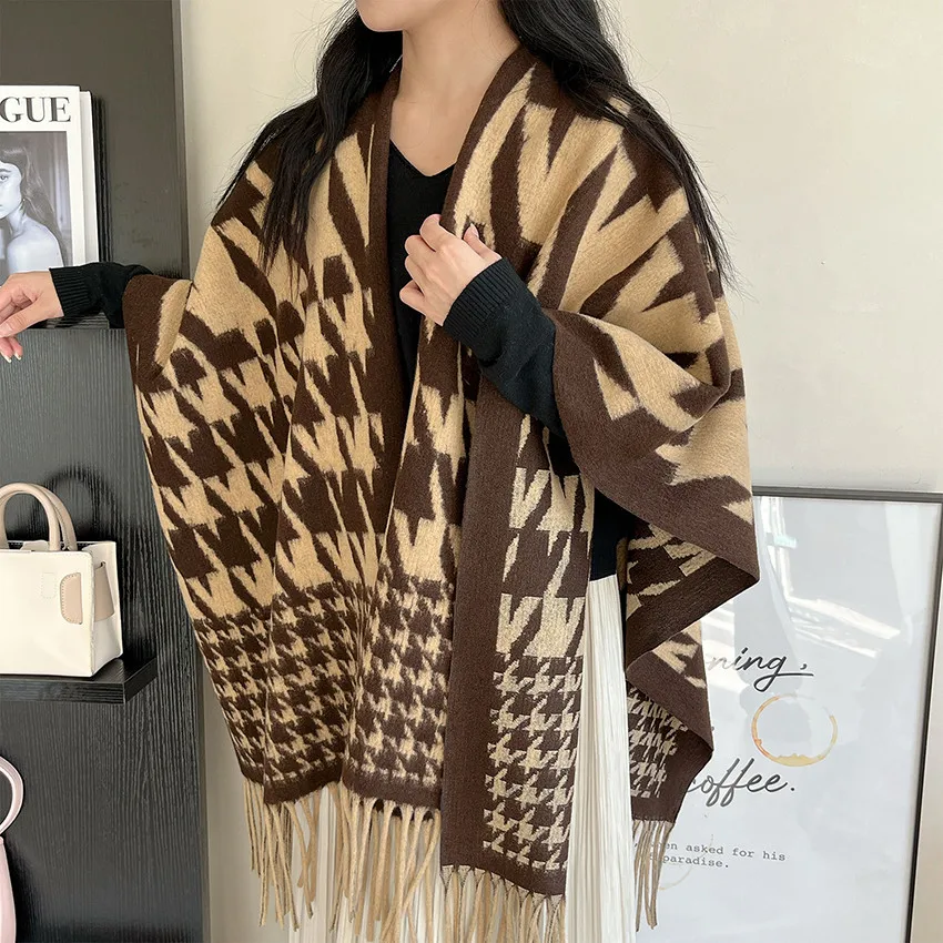 

Korean Fashion Designer Brand Poncho Autumn Winter Warm Scarf Women Houndstooth Plaid Scarfs Casual Shawls Coat