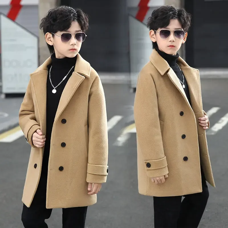 Boys Wool Coat Autumn Winter Children's Jacket Fashion Turn Collar Plaid Keep Warm Outerwear Teenage Clothes New 5-14Year