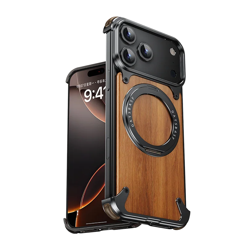 Oatsbasf Solid Wooden Phone Case with 360° Rotating Ring Stand and Magnetic Shockproof Protection