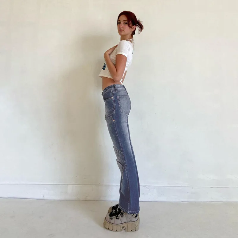 2023 Autumn Fashion Vintage Patchwork Jeans Women Outfits Summer Y2K High Waist Casual Pant Goth Streetwear Bell Bottom Jeans