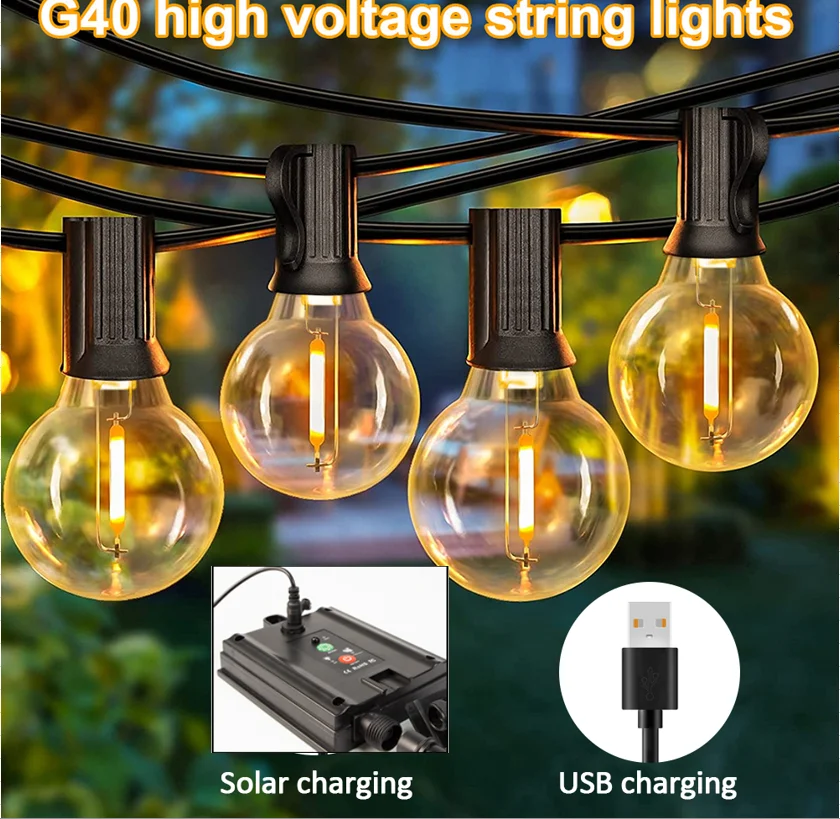 7M 10 Bulbs Outdoor Solar Panel Led Light G40 Patio USB Recharger 8  Mode Weatherproof Hanging String Fairy Lights