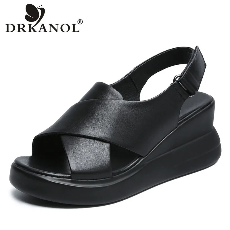 

DRKANOL 2022 Women Genuine Leather Wedges Sandals Summer Platform High Heel Cross Peep Toe Sandals Concise Casual Shoes H2129Z