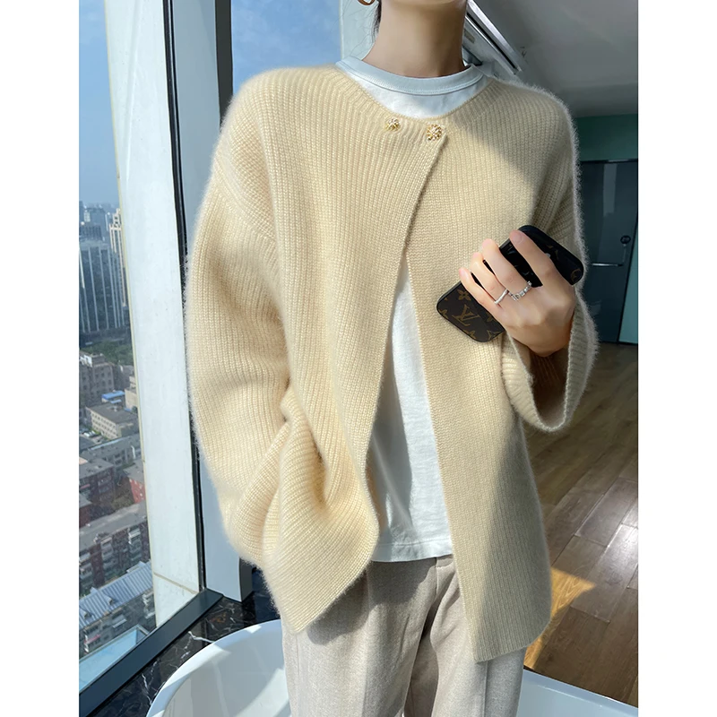 

Cardigan Women's O-neck Full Sleeve Sweater Loose and Comfortable Autumn and Winter Knitted Women's 100 Wool Sweater Hot Selling