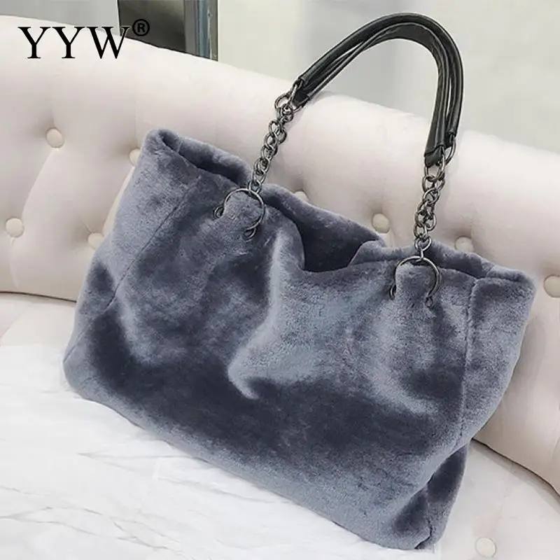 Large Capacity Designer Faux Fur Tote Handbags for Women PU Leather Top Handle Winter Warm Plush Bags Ladies Shopping Purse Bag