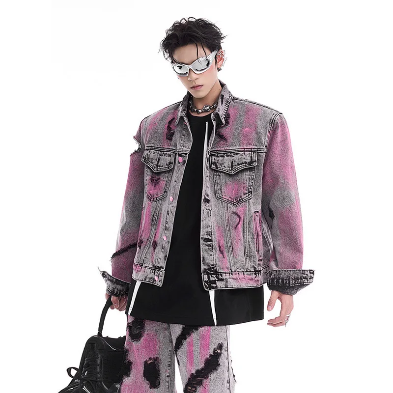 FEWQ Hole Torn Denim Men's Street Jacket Denim Suit 2024 Tie Dye Design Turn-down Collar Long Sleeve Male Sets Fashion 24E1516 2