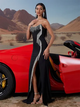 فساتين سهرة أنيقة بحورية البحر باللون الأسود مطرزة بالخرز فساتين سهرة فاخرة طويلة للنساء مثيرة بفتحة رسمية للمشاهير والحفلات الراقصة فيستدوس دي نوش 3