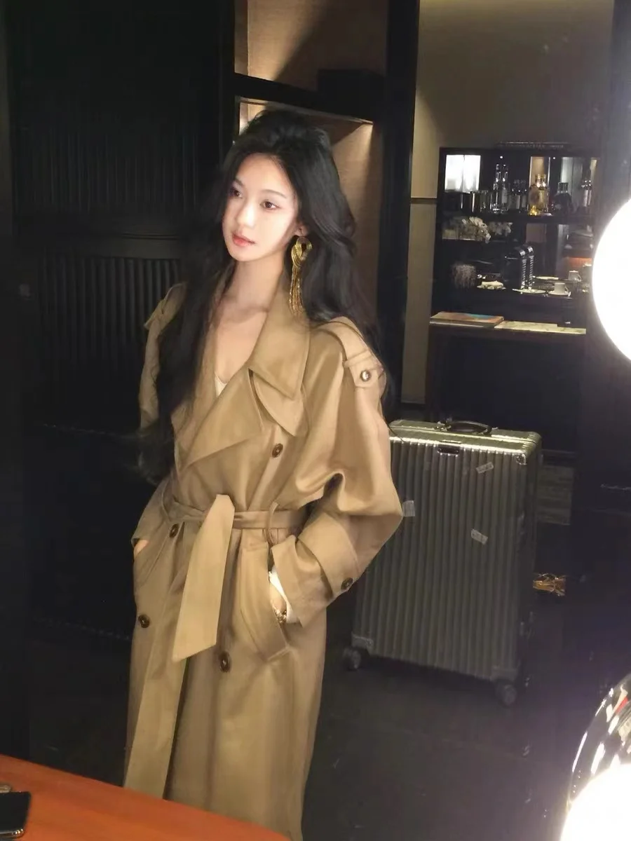Autumn British Style Long Trench Women Lapel Double Breasted Coat with Belt Korean Fashion Windbreaker Outerwear Casual Jackets