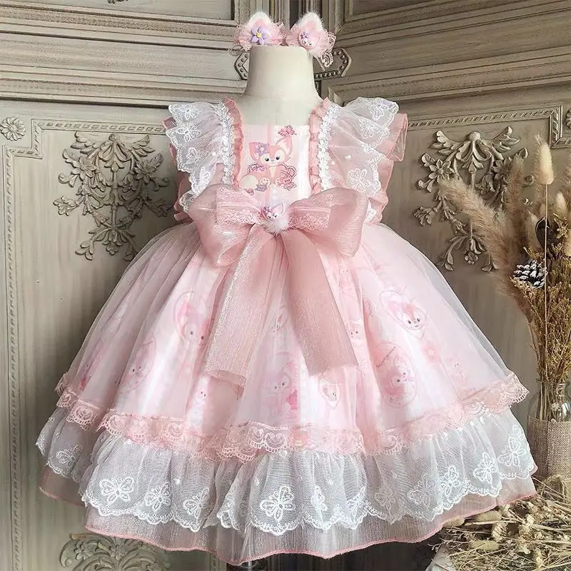 

Girls Spanish Lolita Princess Dress Baby Cartoon Printed Lace Bow Tulle Birthday Party Gown Children Boutique Frocks y362