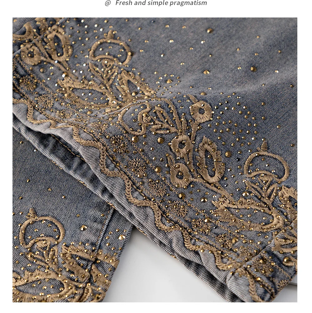 Jean droit taille haute extensible pour femme grande taille, style rétro avec broderie strass, pantalon capri pour femmes courbes, été 2026 - 2619
