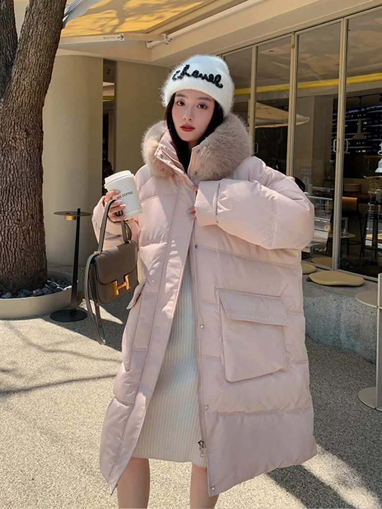 

Winter Pink Long Parkas Coat Women 2022 Korean Fashion Elegant Ladies Chic Jacket Fur Collar Big Pocket Oversized Puffer Coats