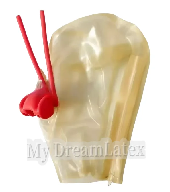 Sexy Latex Hood with Red Teeth Gag and Nasal Tubes Back Zipper Rubber Fetish Mask