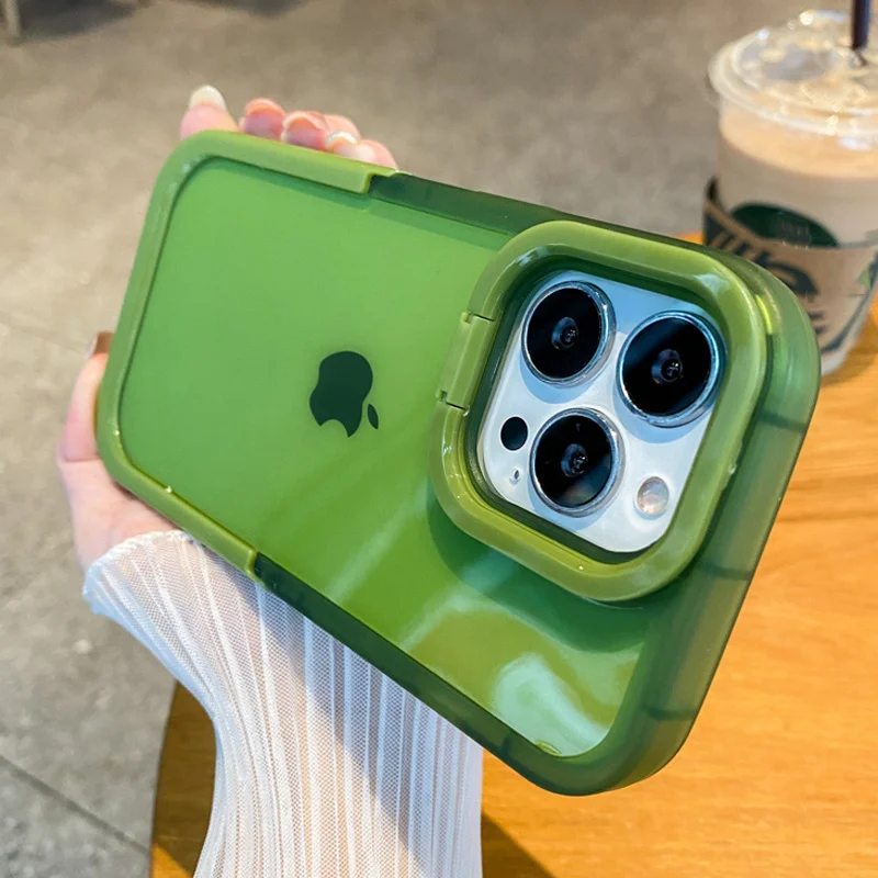 Funda De Teléfono Transparente Con Soporte Plegable, Cubierta Trasera De Color Caramelo, Lente De Protección De Cámara Para Iphone 14 Pro Max 13 12 11