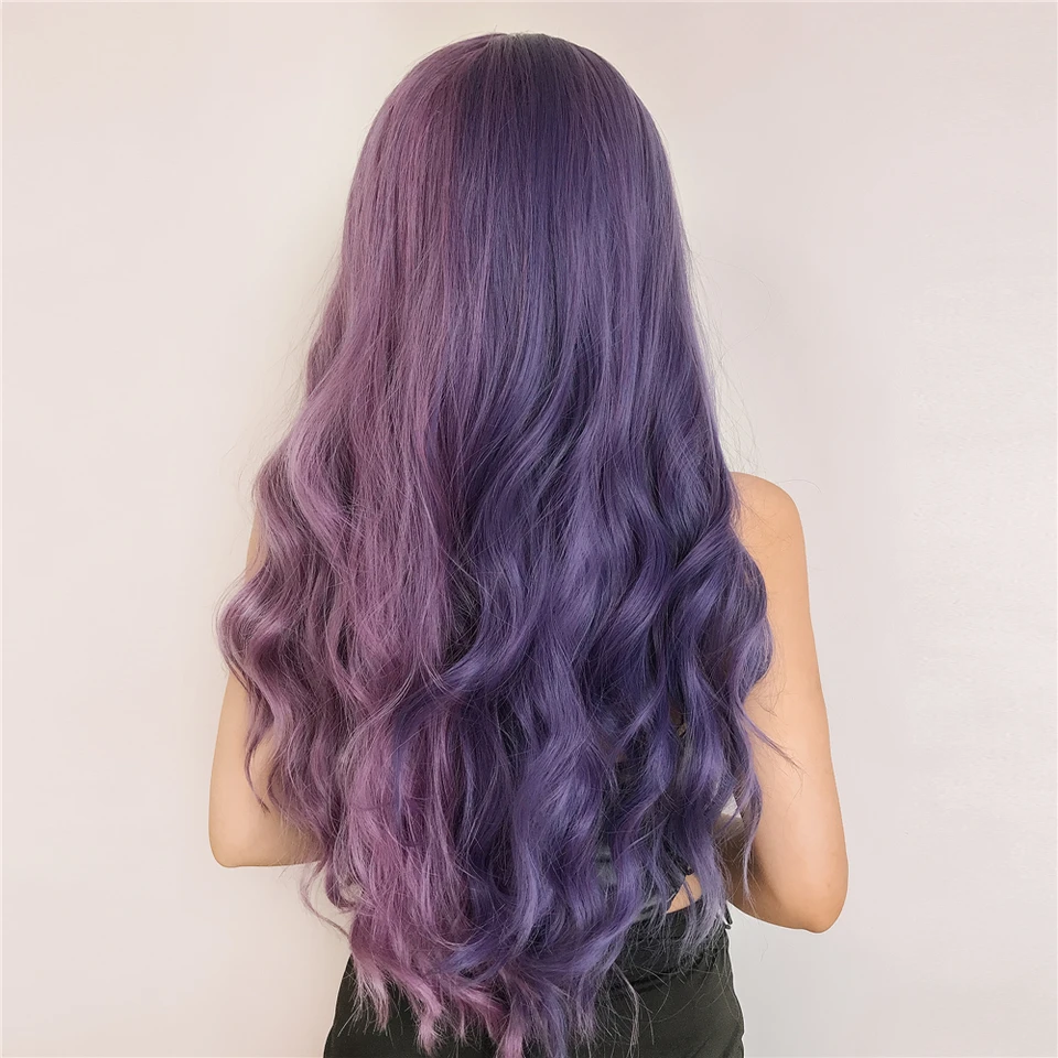 Perruque Longue Synthétique Violet Prune Avec Frange - Ondulée, 65cm - Idée Déguisement Ou Style Quotidien